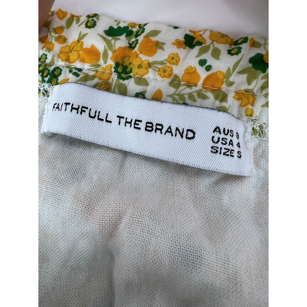 Faithfull The Brand Elwood Mini Dress Yellow Floral Smocked Tie Shoulder Small - Picture 7 of 9